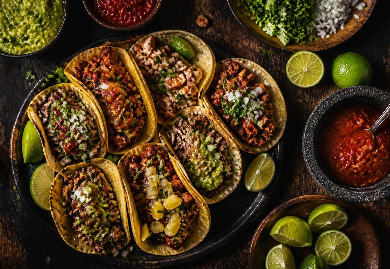 Assorted Mexican street tacos with lime and salsa